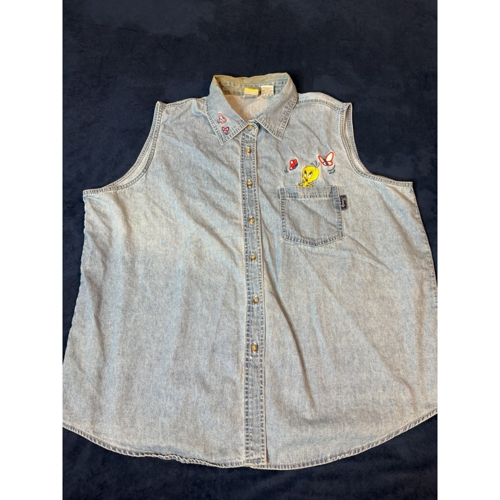 Vtg 90s Looney Tunes Tweety Butterfly Sleeveless Womens Tank Top Denim 24W Bust